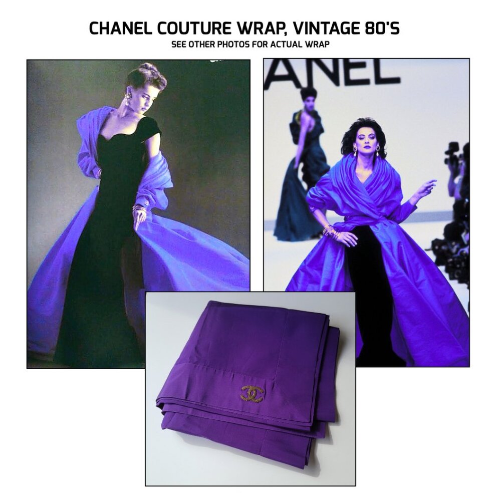 CHANEL Authentic Couture Purple Silk Wrap Stole Shawl w/ embroidered CC's large